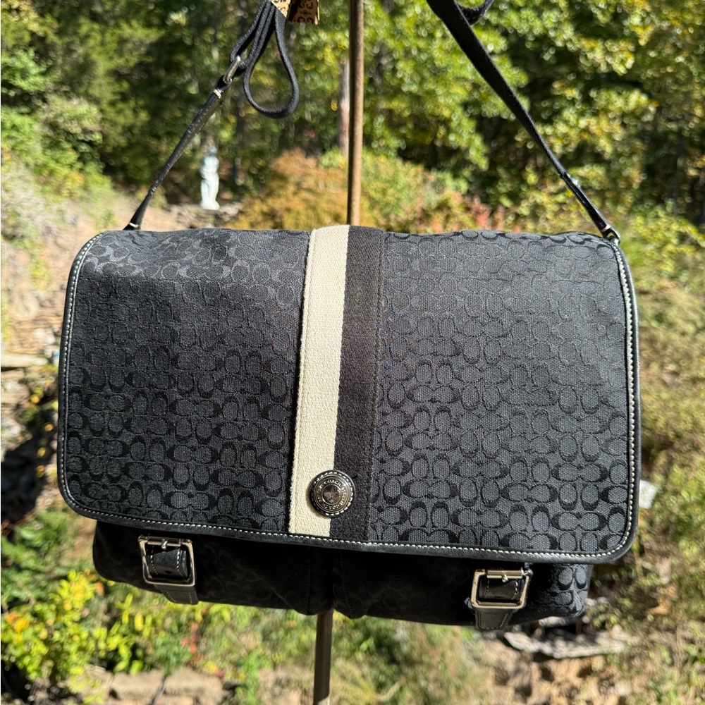 Coach Heritage Stripe Messenger Bag Black Signature Jacquard Crossbody F70077‎
